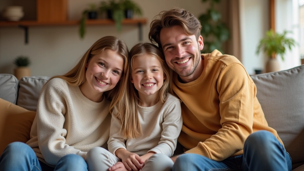 Eltern und Kind beim Besprechen von Sparzielen, gemütliche Wohnzimmeratmosphäre