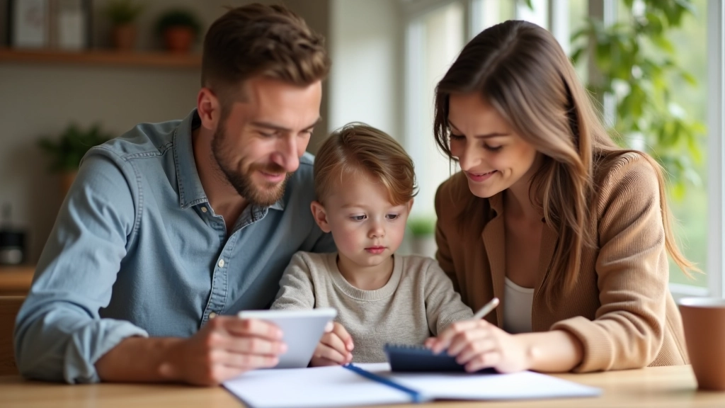 Eltern und Kind sitzen zusammen am Tisch mit Notizbuch und Taschenrechner für Finanzplanung