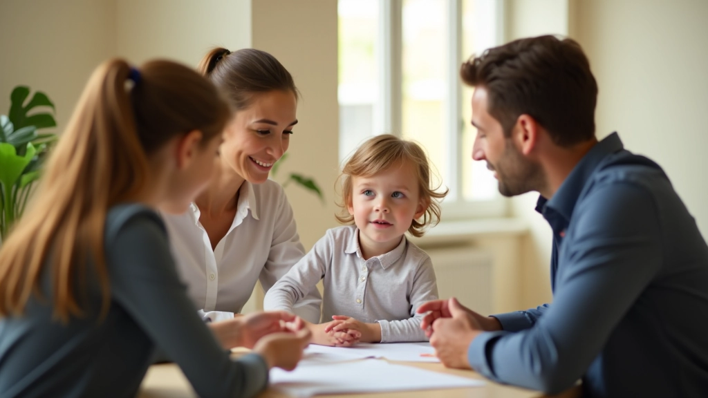 Familie bei der Finanzplanung mit Fokus auf Kindersparkonten und Bildungsversicherung
