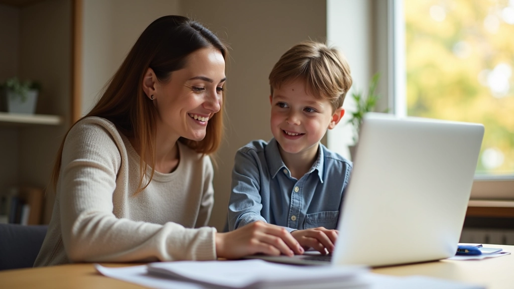 Elternteil und Kind sitzen zusammen am Laptop und besprechen das Bankkonto
