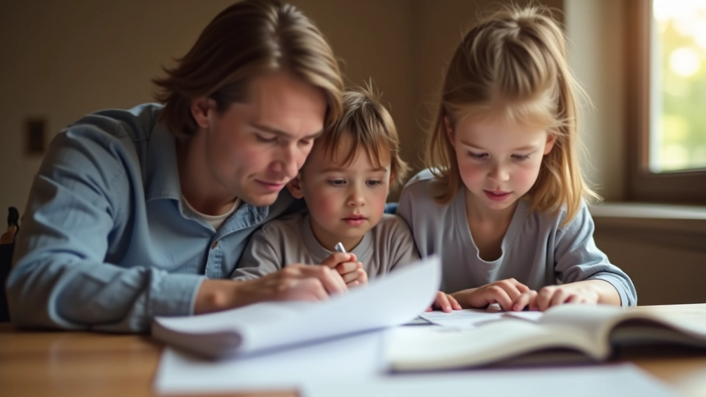 Eltern und Kind planen gemeinsam finanzielle Zukunft mit Dokumenten und Taschenrechner