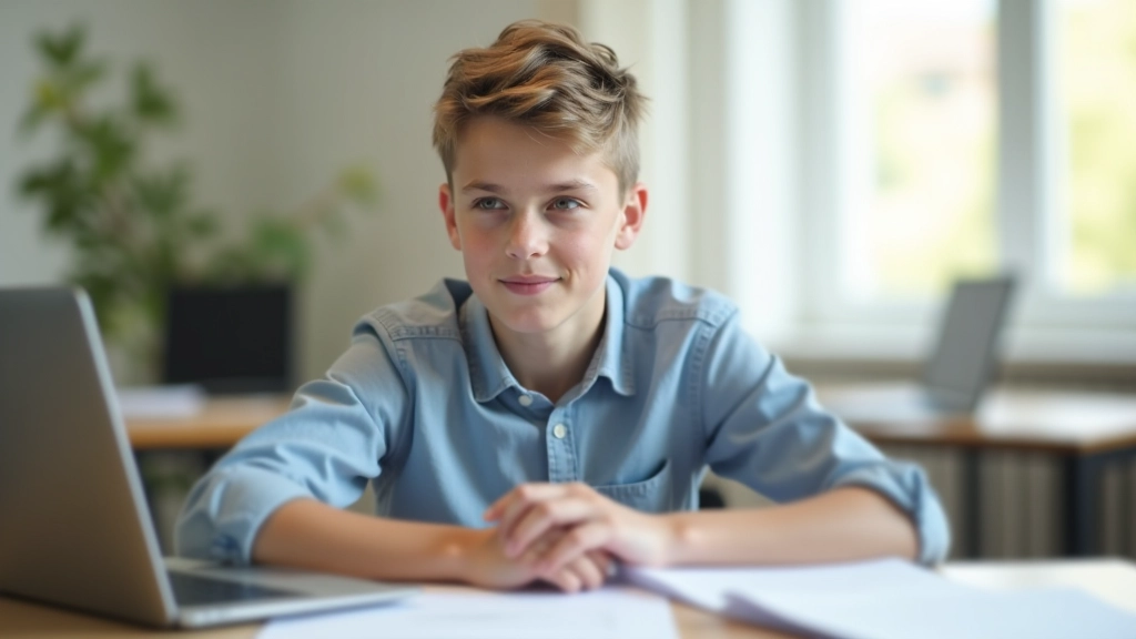Junge Person sitzt mit Laptop und Dokumenten am Schreibtisch und plant ihre finanzielle Zukunft