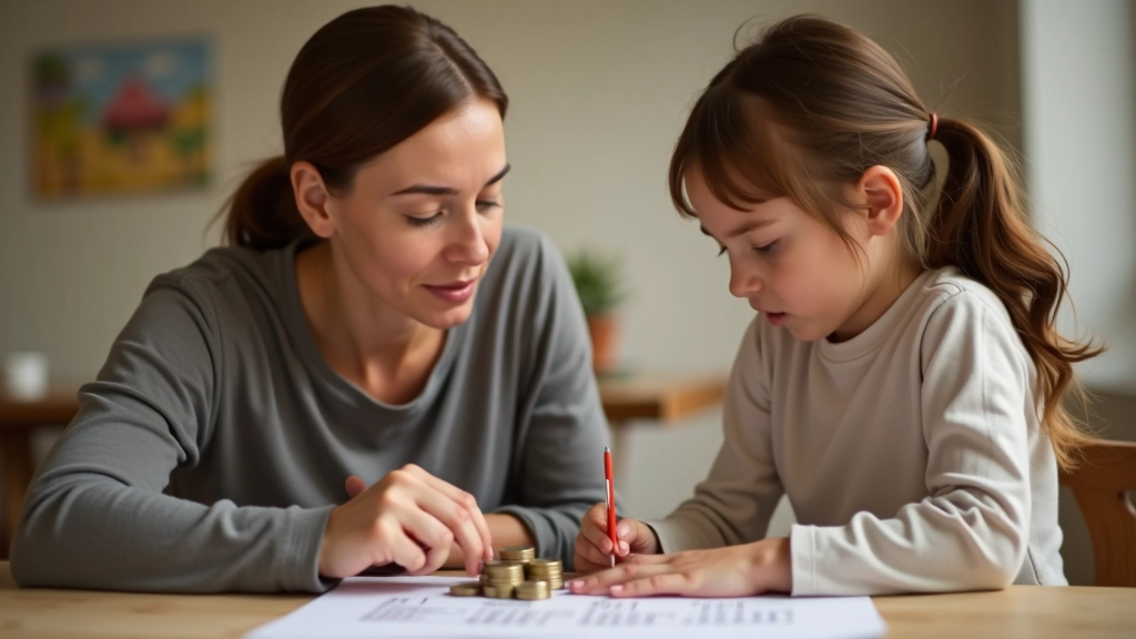 Frau erklärt einem Kind mit Grafiken und Spielzeugmünzen wie Sparen funktioniert