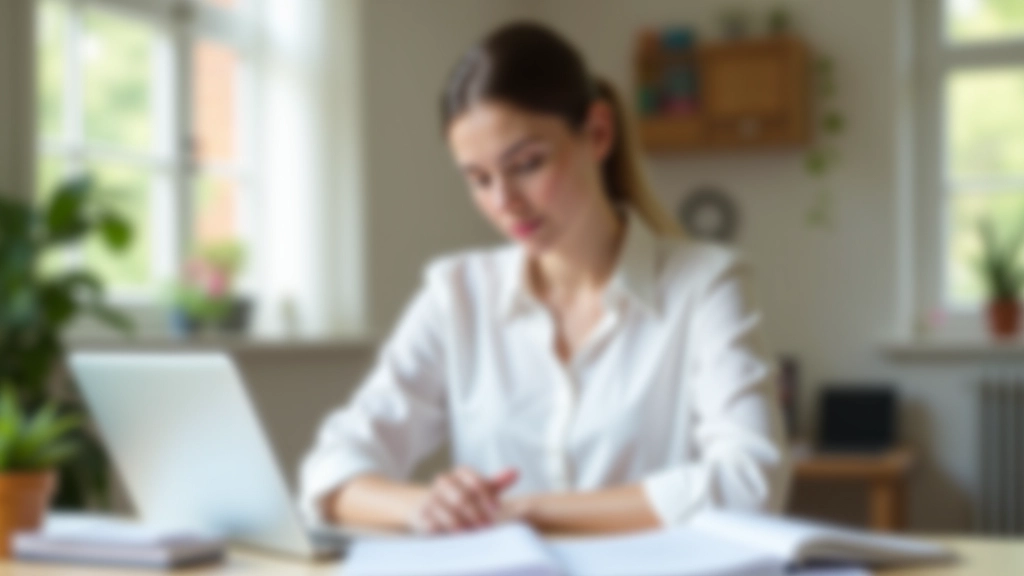 Junge Frau sitzt am Schreibtisch mit Laptop und Sparbuch, studiert ihre Finanzplanung